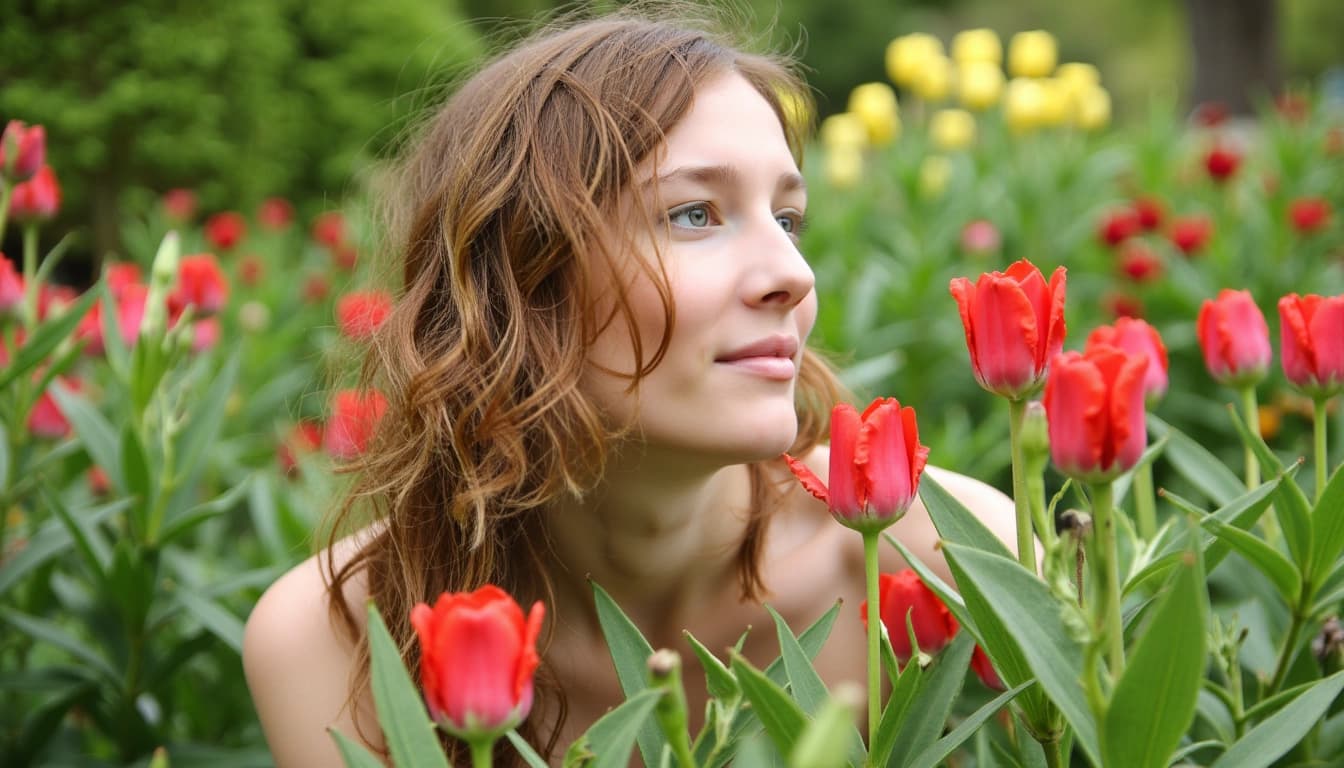 Een vrolijke vrouw van middelbare leeftijd in een kleurrijke tuin, omringd door bloemen en met een koffer vol reisherinneringen naast haar.