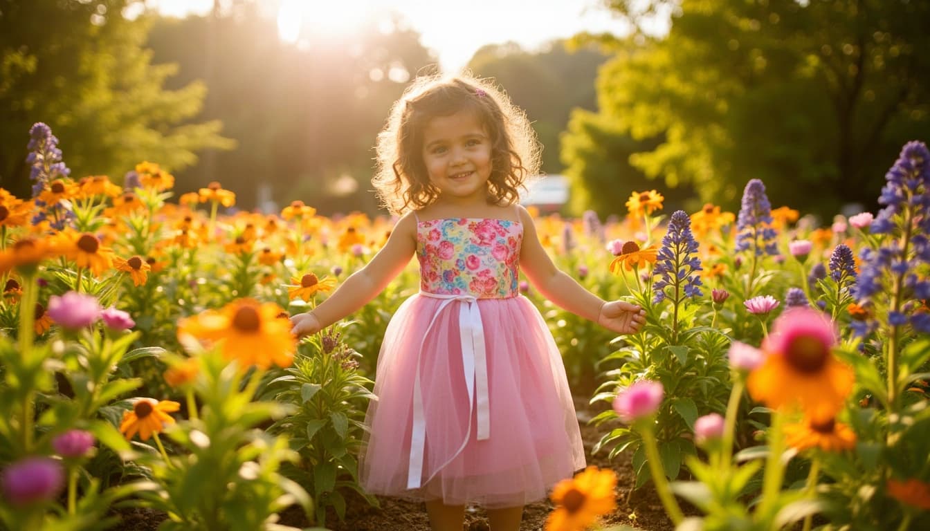 Uma menina sorridente de dois anos, vestida com um vestido colorido, rodeada por balões, flores e borboletas em um jardim ensolarado, com um bolo de aniversário à sua frente.