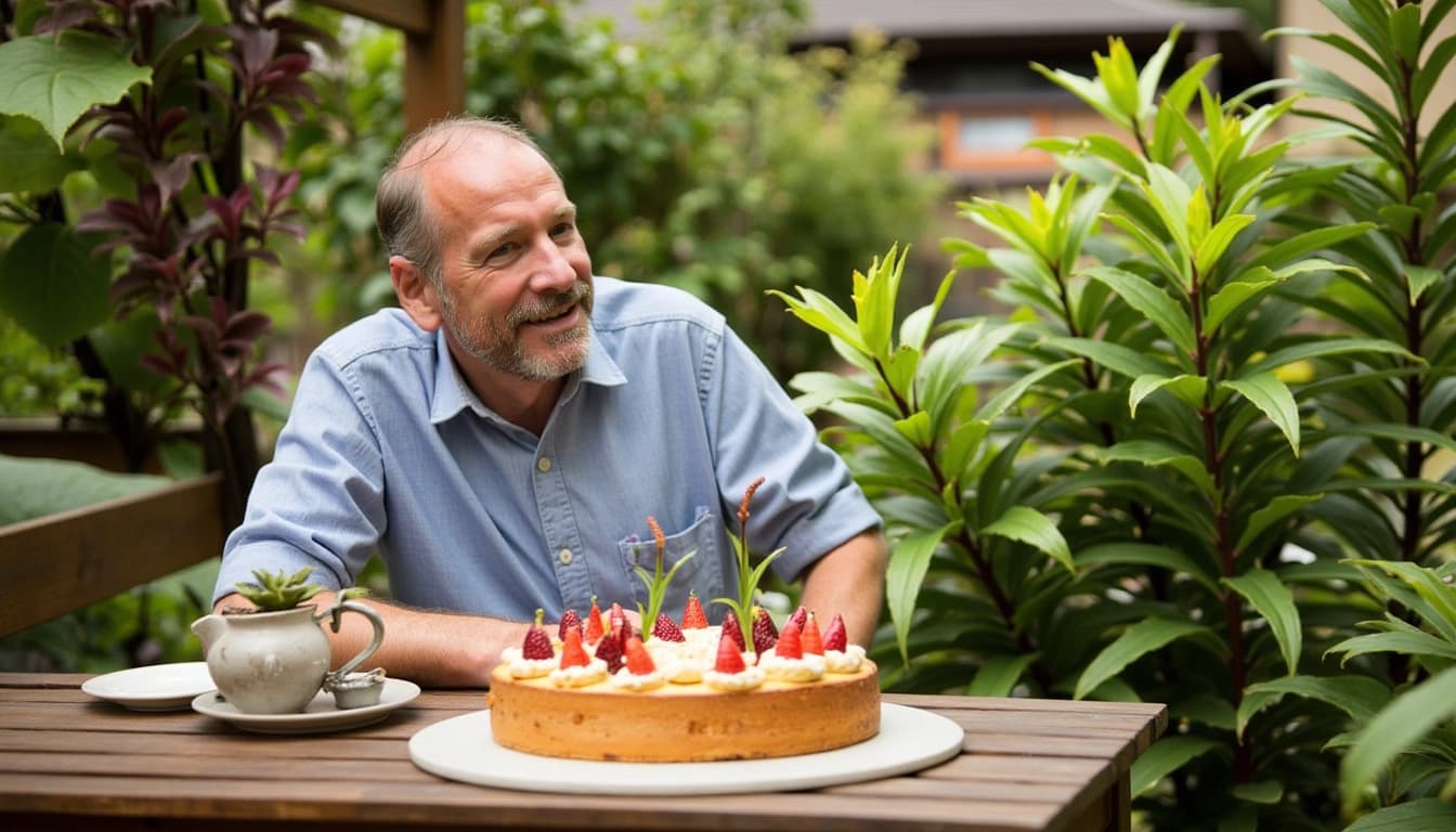 Ein lächelnder Mann mittleren Alters in einem sonnigen Garten, umgeben von blühenden Blumen und exotischen Pflanzen, mit einem Reisekoffer neben sich und einem Geburtstagskuchen mit 40 Kerzen auf einem kleinen Tisch.