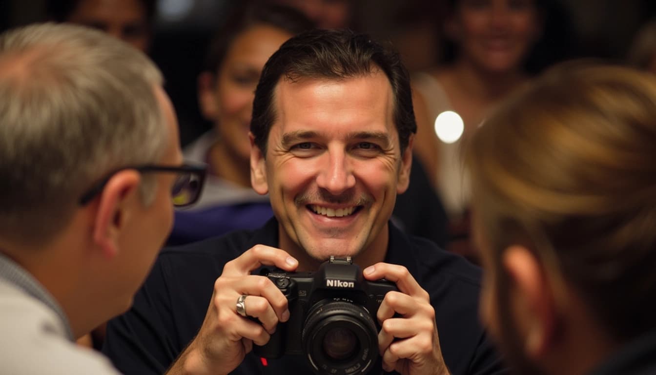 Um homem de 55 anos com cabelos grisalhos e um sorriso caloroso, segurando uma câmera fotográfica, rodeado por fotos de suas viagens e amigos sorridentes em uma festa de aniversário.