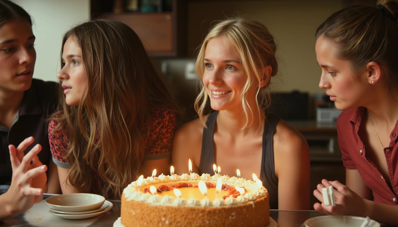 Uma senhora de cabelos grisalhos sorrindo, rodeada por sua família, com um bolo de aniversário à sua frente e 65 velas acesas.