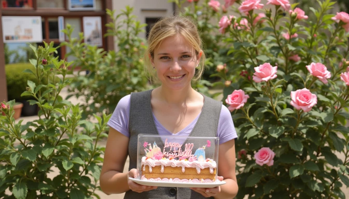 Eine lächelnde Frau in einem sonnigen Garten, umgeben von blühenden Rosen, die eine Geburtstagstorte mit 35 Kerzen hält, während im Hintergrund Reisepostkarten und Fotos zu sehen sind.