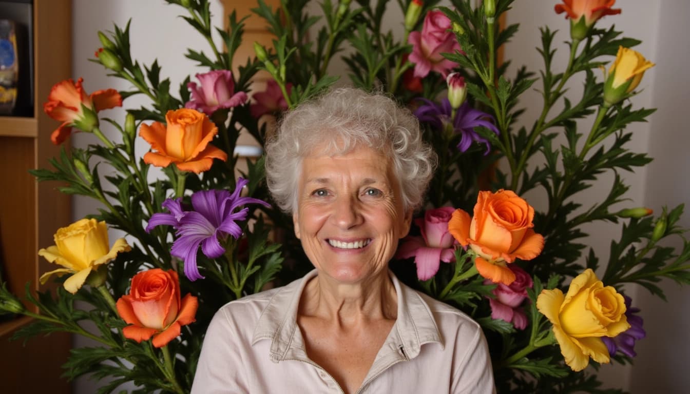 Uma senhora idosa de cabelos brancos, sorrindo serenamente, sentada em uma poltrona confortável, rodeada por flores coloridas e uma moldura com fotos de família.