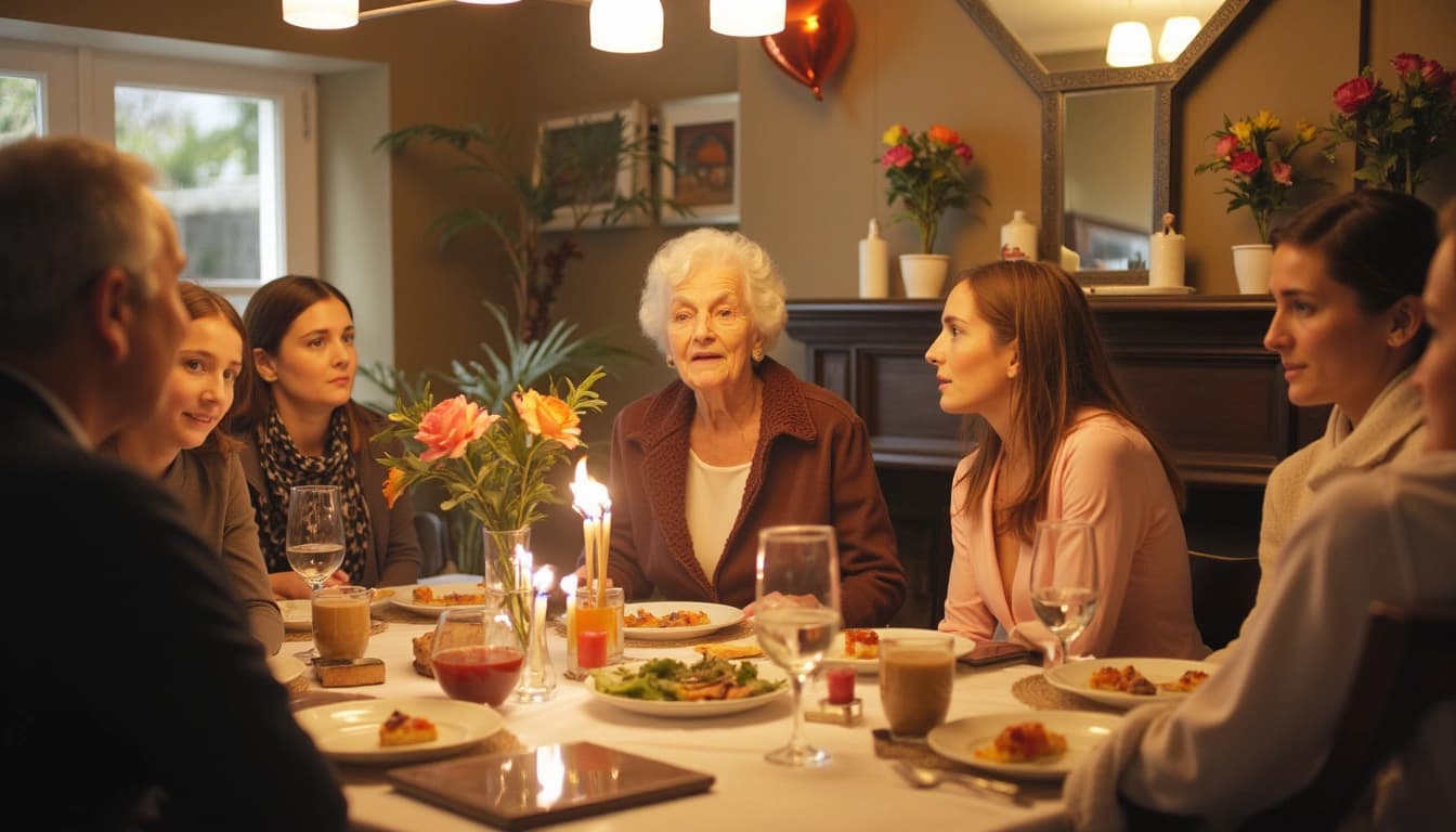 Eine lächelnde, 94-jährige Frau mit silbernem Haar, umgeben von ihrer Familie und Freunden, vor einem Geburtstagskuchen mit 94 Kerzen, in einem gemütlichen Wohnzimmer voller Blumen und Luftballons.