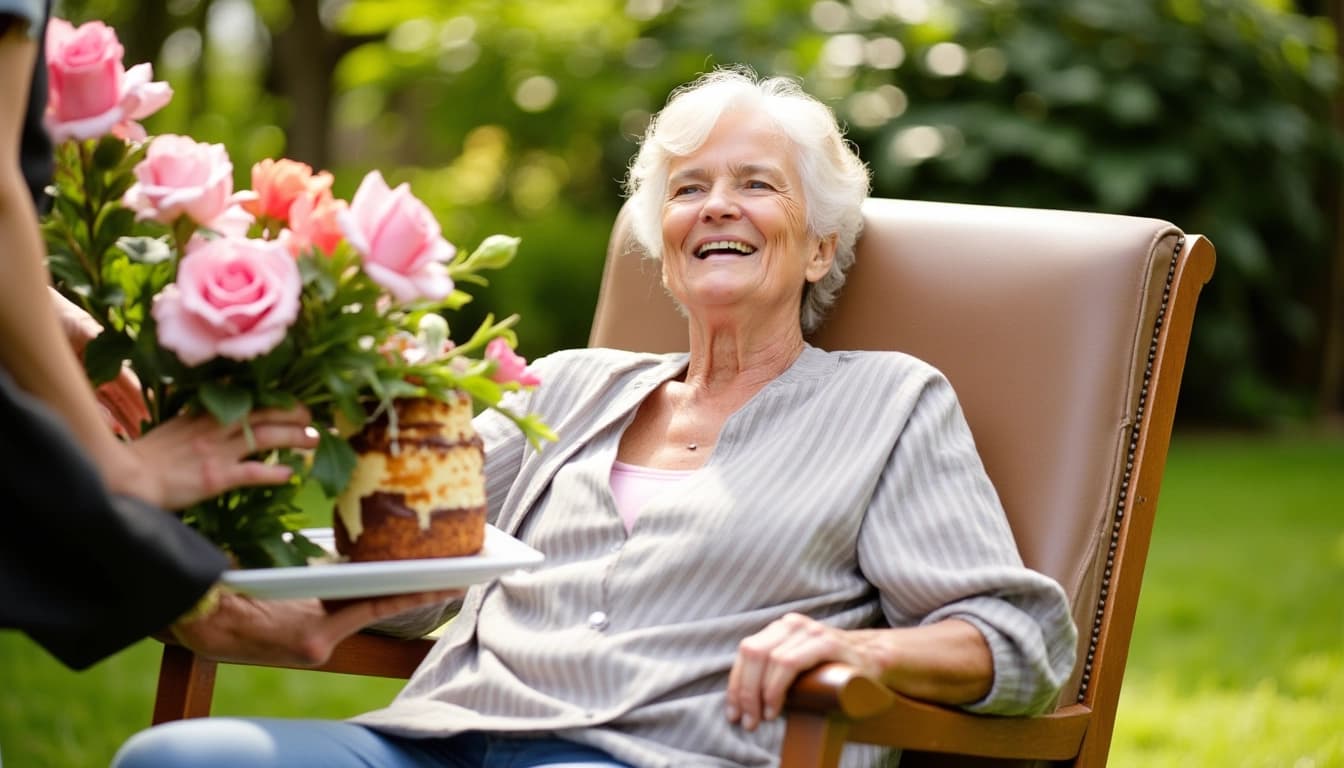 Une femme âgée souriante assise dans un fauteuil confortable dans un jardin luxuriant, entourée de fleurs colorées et de ses proches qui lui offrent un gâteau d'anniversaire décoré.