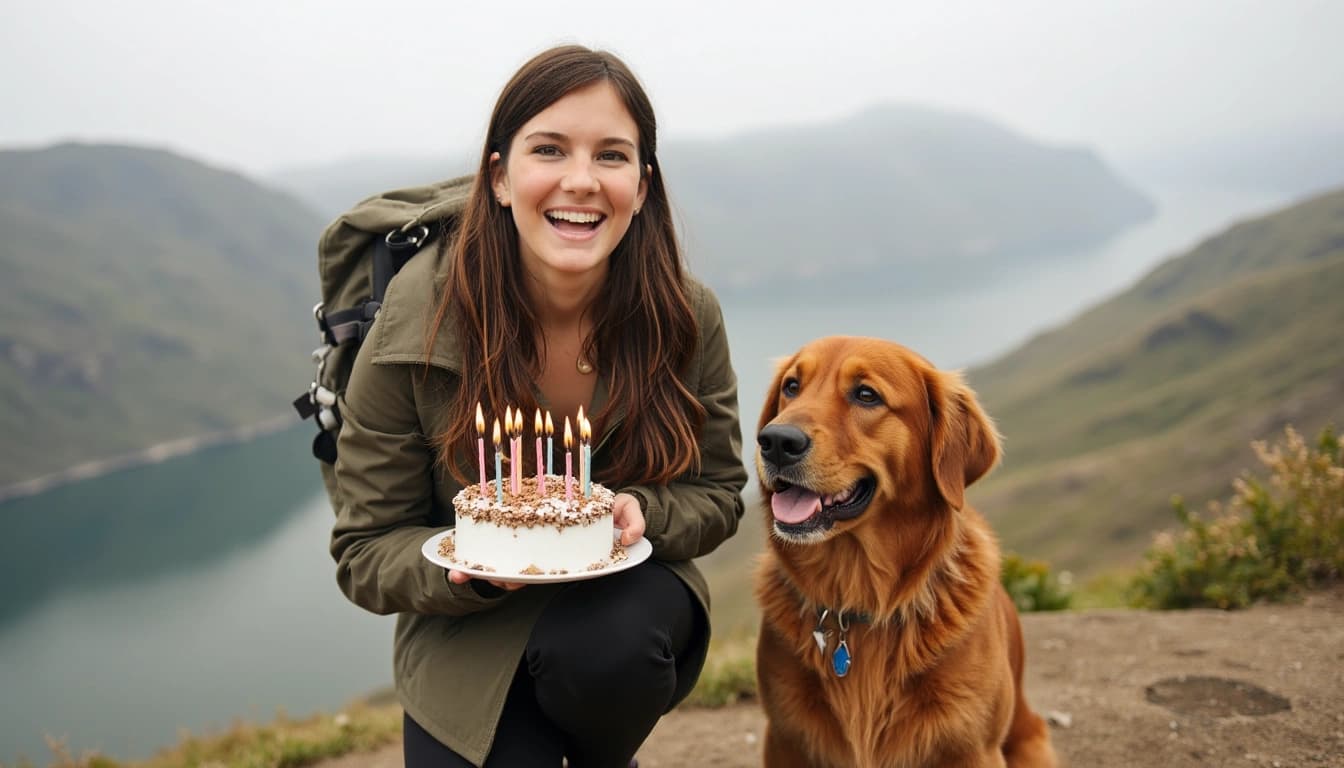 A young woman with long brown hair smiling widely, wearing a backpack and standing on a mountain top with a golden retriever by her side, while holding a small cake with 27 candles