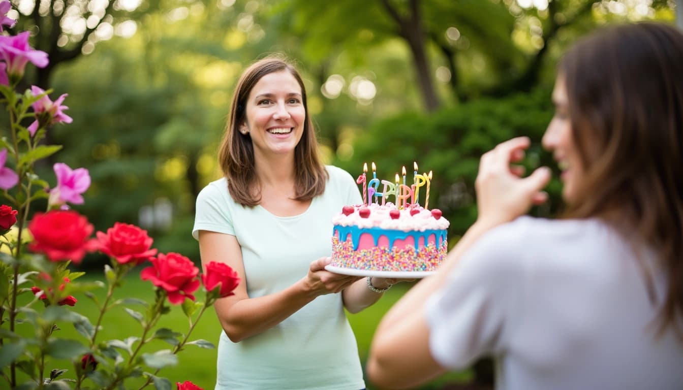 A smiling woman in her late forties standing in a beautiful garden, holding a colorful birthday cake, surrounded by blooming flowers and happy friends and family