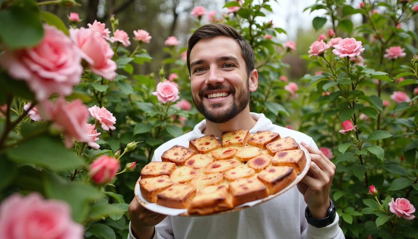 Ein lächelnder Mann mittleren Alters in einem üppigen Garten, der einen selbstgebackenen Geburtstagskuchen mit 43 Kerzen hält, umgeben von blühenden Rosen und Kochutensilien.