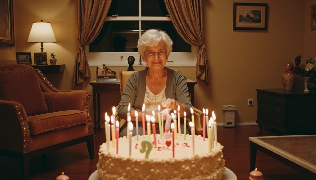 Uma senhora idosa sorridente, Dona Celeste, sentada em uma poltrona confortável, rodeada por sua família de várias gerações. Há um grande bolo de aniversário com 99 velas acesas na frente dela, e a sala está decorada com balões e faixas coloridas.