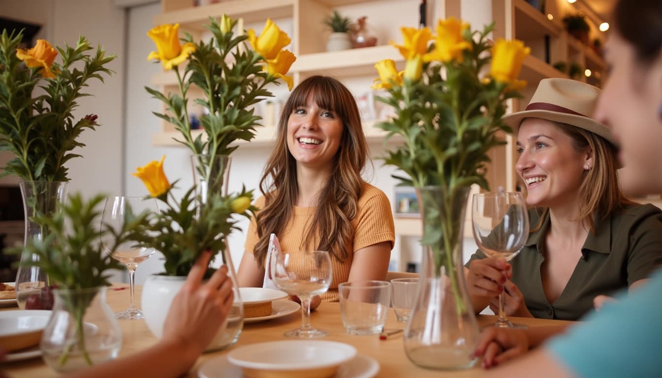 Een stralend lachende jonge vrouw die negentien kaarsen op een verjaardagstaart uitblaast, omringd door boeken en bloemen die haar interesses en groei symboliseren.