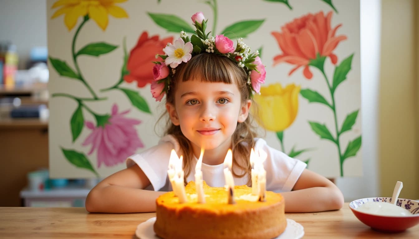 Ein lächelndes vierjähriges Mädchen mit einem Blumenkranz auf dem Kopf, das vor einer bunten, selbstgemalten Leinwand steht. Auf einem Tisch daneben befindet sich ein Geburtstagskuchen mit vier brennenden Kerzen, umgeben von Schmetterlingen und Luftballons.