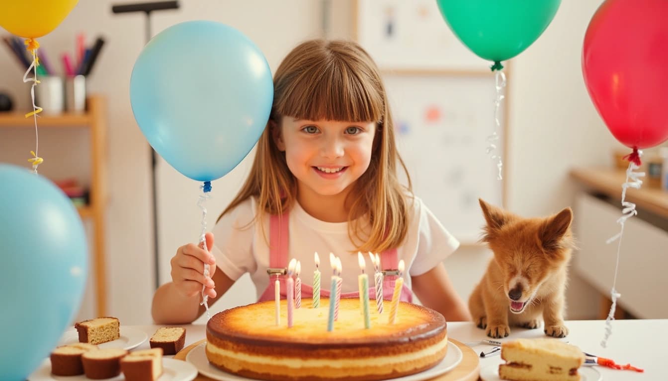 Ein lächelndes Mädchen mit Zöpfen, das vor einem bunten Geburtstagskuchen mit sieben Kerzen sitzt. Um sie herum schweben Luftballons, und ein kleines Kätzchen schmiegt sich an ihre Seite. Im Hintergrund sieht man Buntstifte und Zeichnungen.