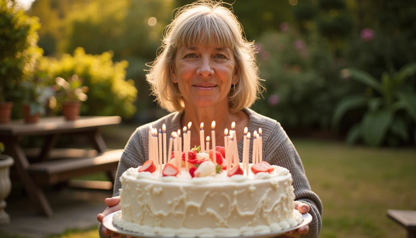 Un'anziana signora sorridente circondata dalla sua famiglia in un giardino fiorito, con una grande torta di compleanno con 88 candeline