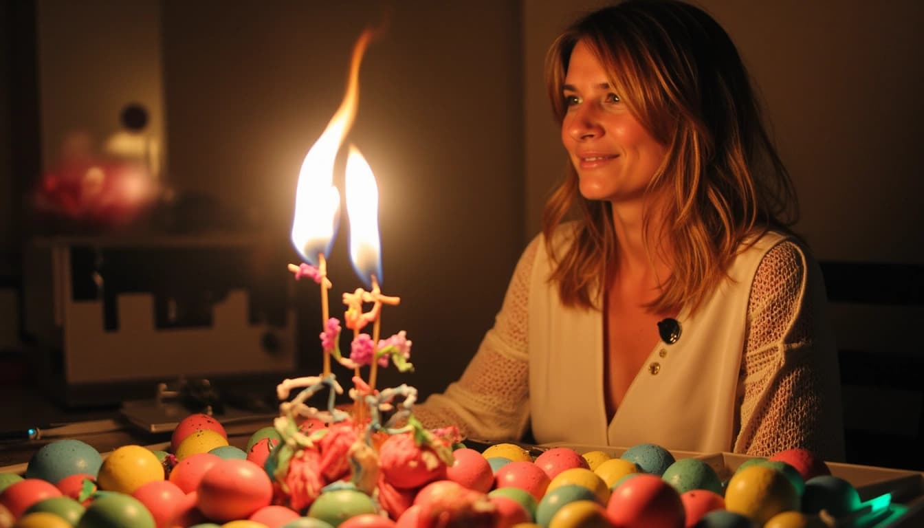 Una mujer sonriente de 51 años sosteniendo una copa de vino, rodeada de globos de colores y velas encendidas en un pastel de cumpleaños.