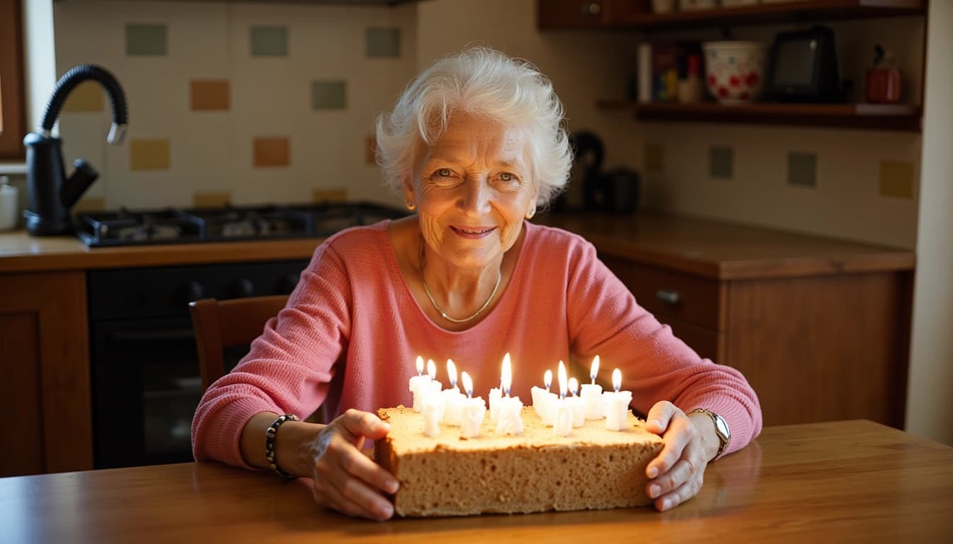 Un'elegante signora di 72 anni sorridente, circondata dalla sua famiglia, che soffia su una torta di compleanno decorata con 72 candeline in una cucina accogliente piena di ricordi e oggetti moderni.