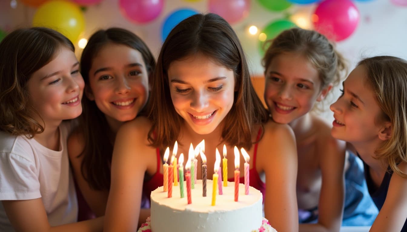 A vibrant scene of a woman blowing out candles on a birthday cake, surrounded by smiling friends and family, with colorful balloons and party decorations in the background.