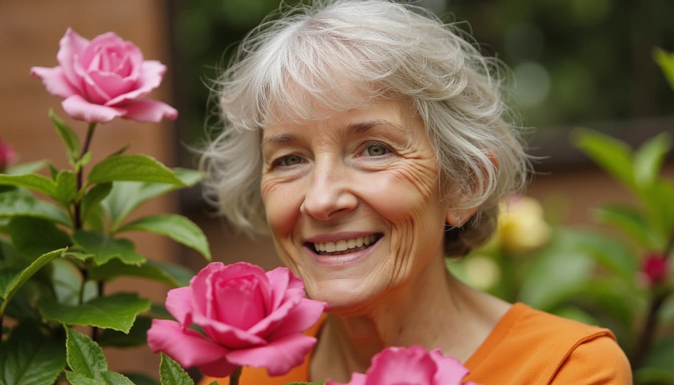 Uma senhora idosa sorridente de cabelos prateados, sentada em uma cadeira de jardim, rodeada por flores coloridas e membros da família de várias gerações.