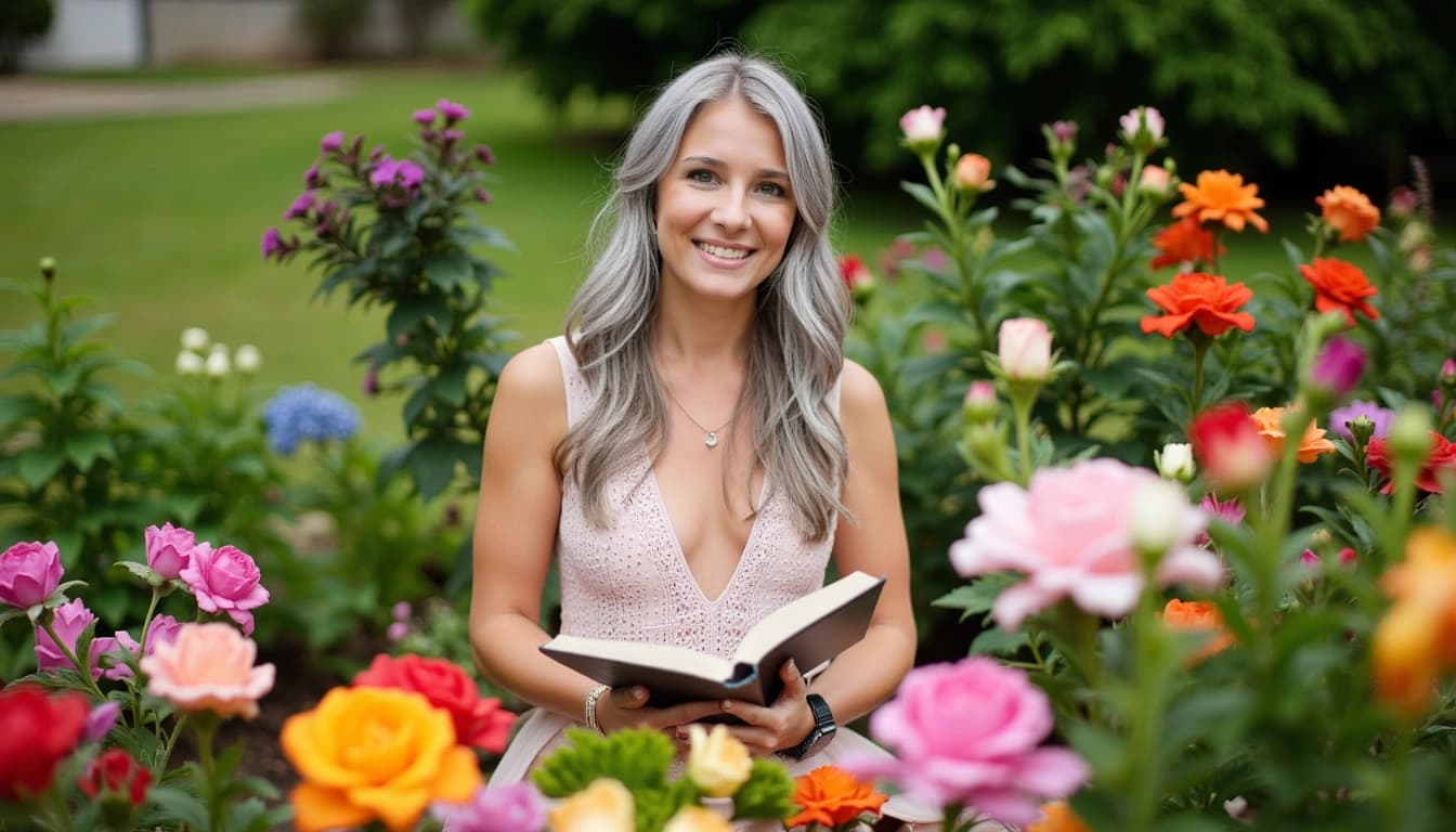 An elegant woman with silver hair, surrounded by a lush garden filled with colorful flowers, holding a book and smiling warmly as family and friends gather around her for a birthday celebration.