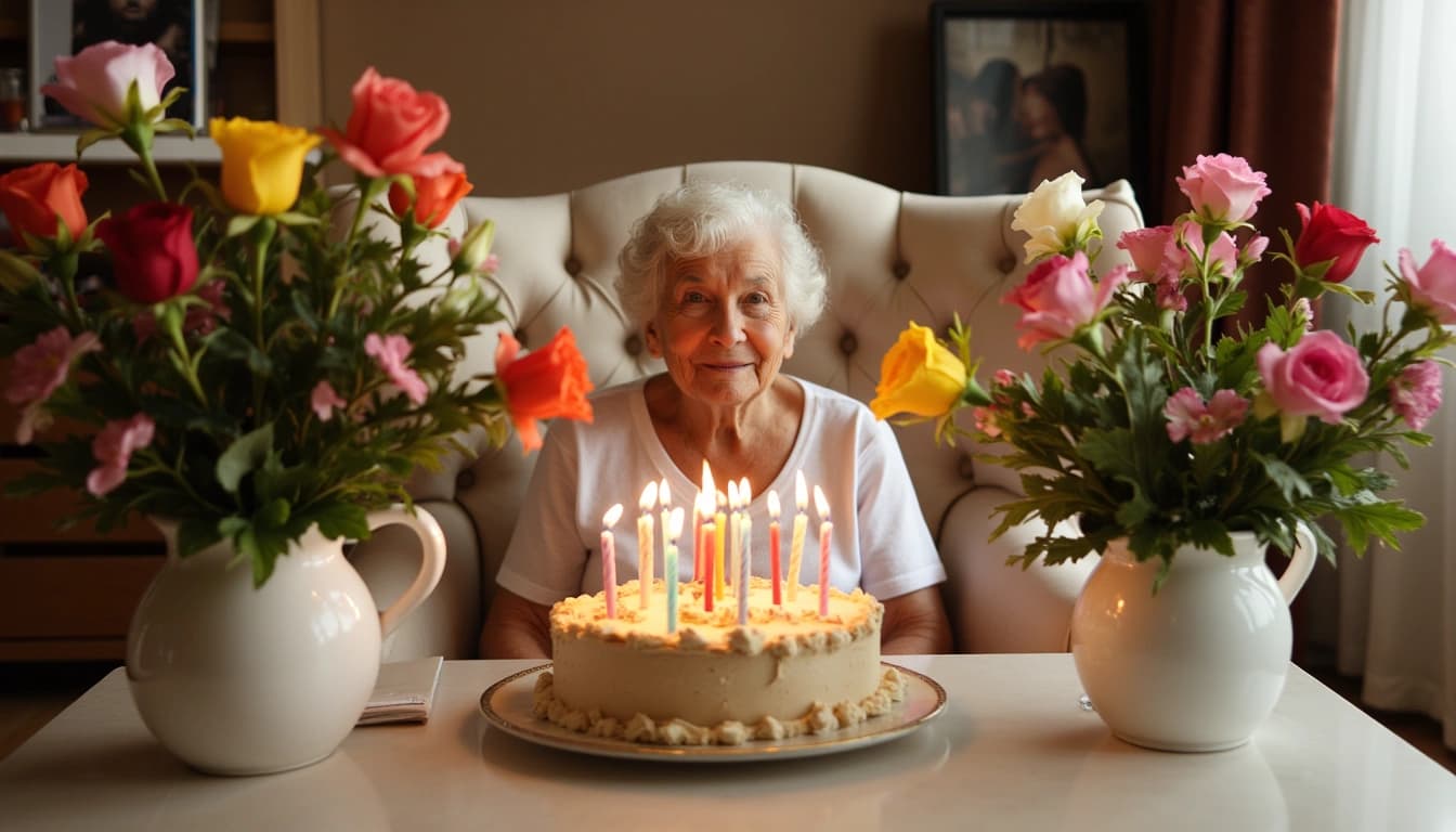 Uma senhora idosa sorridente, sentada em uma poltrona confortável, rodeada por flores coloridas e fotos de família, com um bolo de aniversário com 95 velas à sua frente.