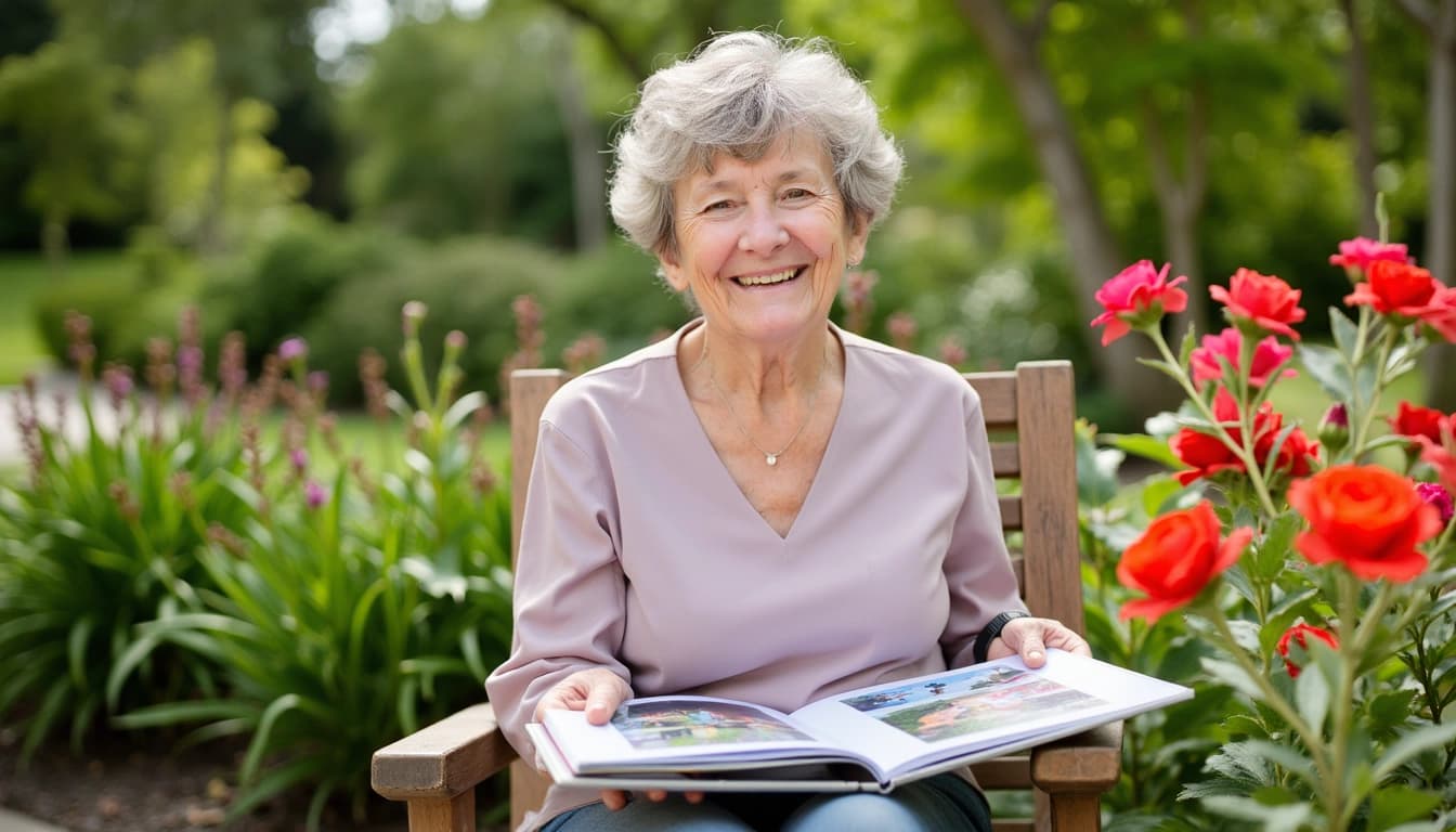 An elderly woman with silver hair and twinkling eyes, sitting in a lush garden surrounded by blooming flowers, holding a photo album and smiling warmly at the camera.