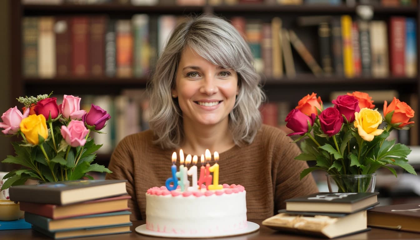 A smiling woman with silver hair surrounded by colorful flowers and books, with a birthday cake featuring 61 candles in the foreground