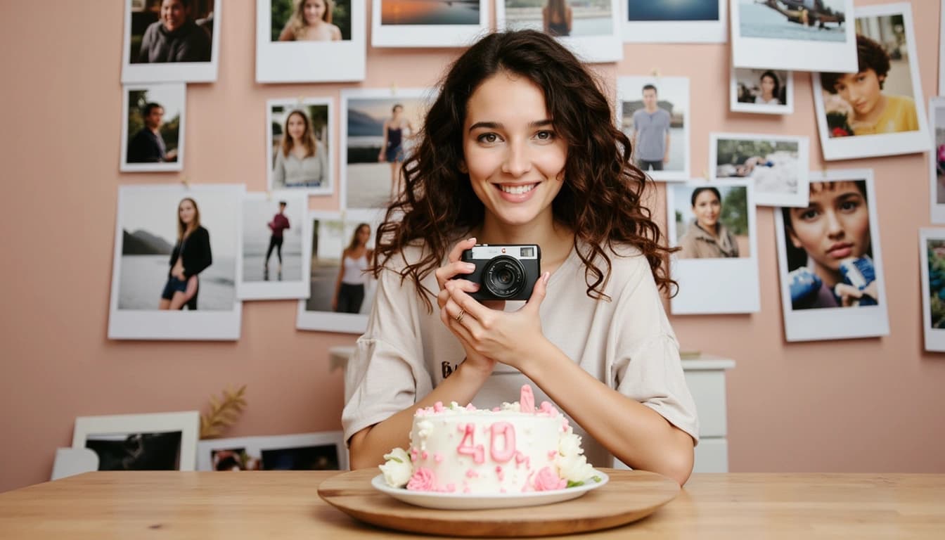 Une femme souriante tenant un appareil photo, entourée de photos de ses voyages et d'amis, avec un gâteau d'anniversaire décoré de 40 bougies au premier plan.