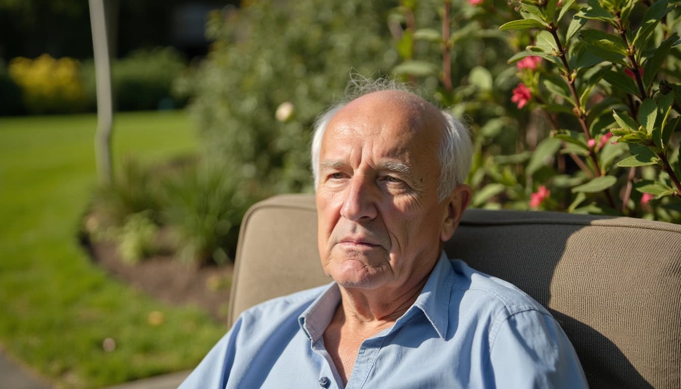 Een vriendelijke oudere man met een warme glimlach, zittend in een comfortabele stoel in een zonnige tuin. Op zijn schoot ligt een schaakbord en naast hem staat een mand vol vers geoogste groenten uit zijn moestuin.