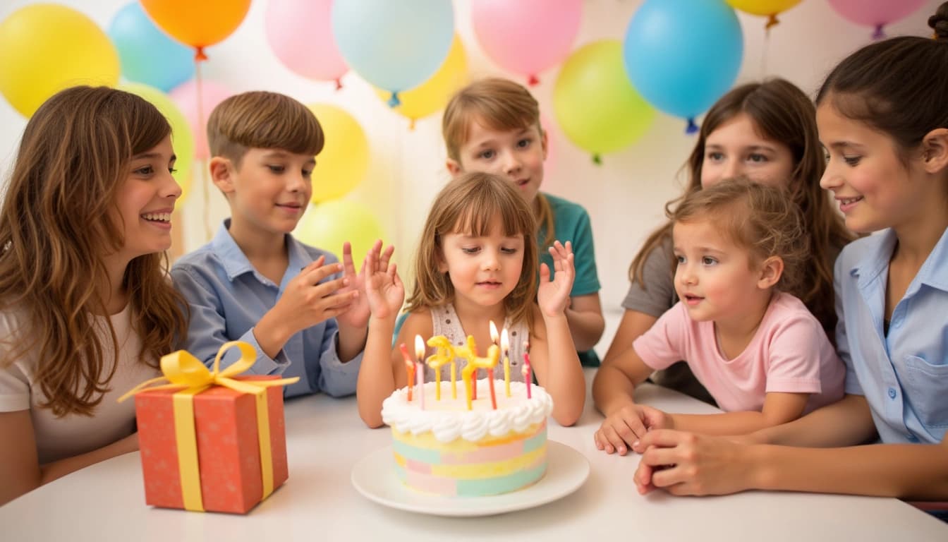 Una niña sonriente soplando velas en un pastel de cumpleaños, rodeada de globos de colores y regalos, con amigos y familia aplaudiendo alegremente.