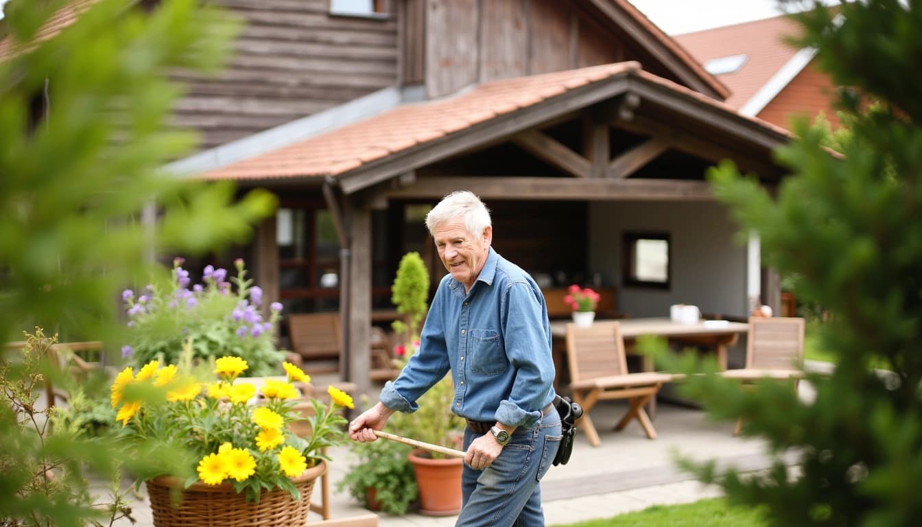 Ein lächelnder älterer Herr mit Gartenhut, der in einem blühenden Garten steht und von lachenden Enkelkindern umgeben ist. Im Hintergrund sieht man ein gemütliches Haus mit einer Veranda, auf der ein Geburtstagskuchen mit Kerzen steht.