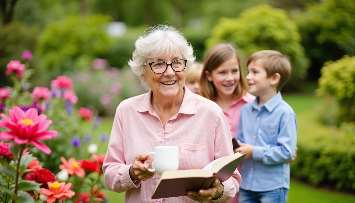 An elderly woman with a warm smile, surrounded by a beautiful garden with colorful flowers, holding a book and a cup of tea, with laughing grandchildren in the background.