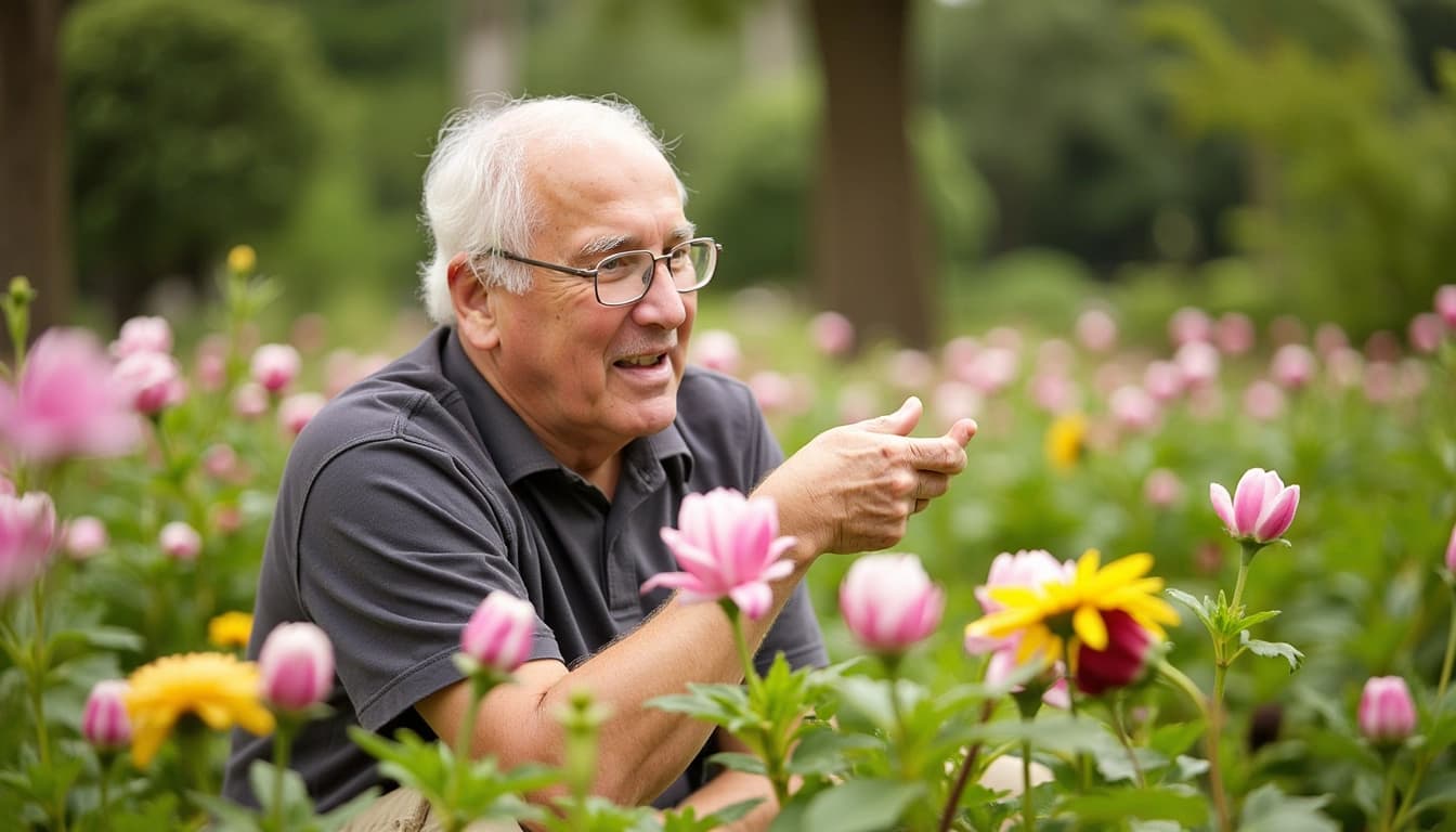 Een oudere man met een vriendelijk gezicht, zittend in een weelderige tuin vol bloeiende bloemen, omringd door lachende familieleden en vrienden, met op de achtergrond een taart met 87 kaarsjes.