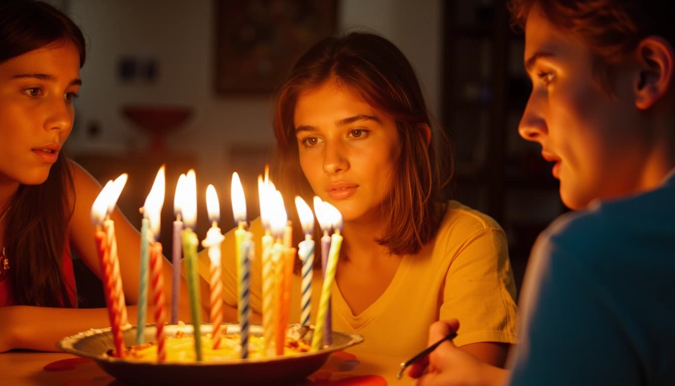 Una mujer mayor sonriente rodeada de su familia, con un pastel de cumpleaños decorado con 63 velas encendidas frente a ella, en un cálido ambiente hogareño lleno de globos y decoraciones festivas.