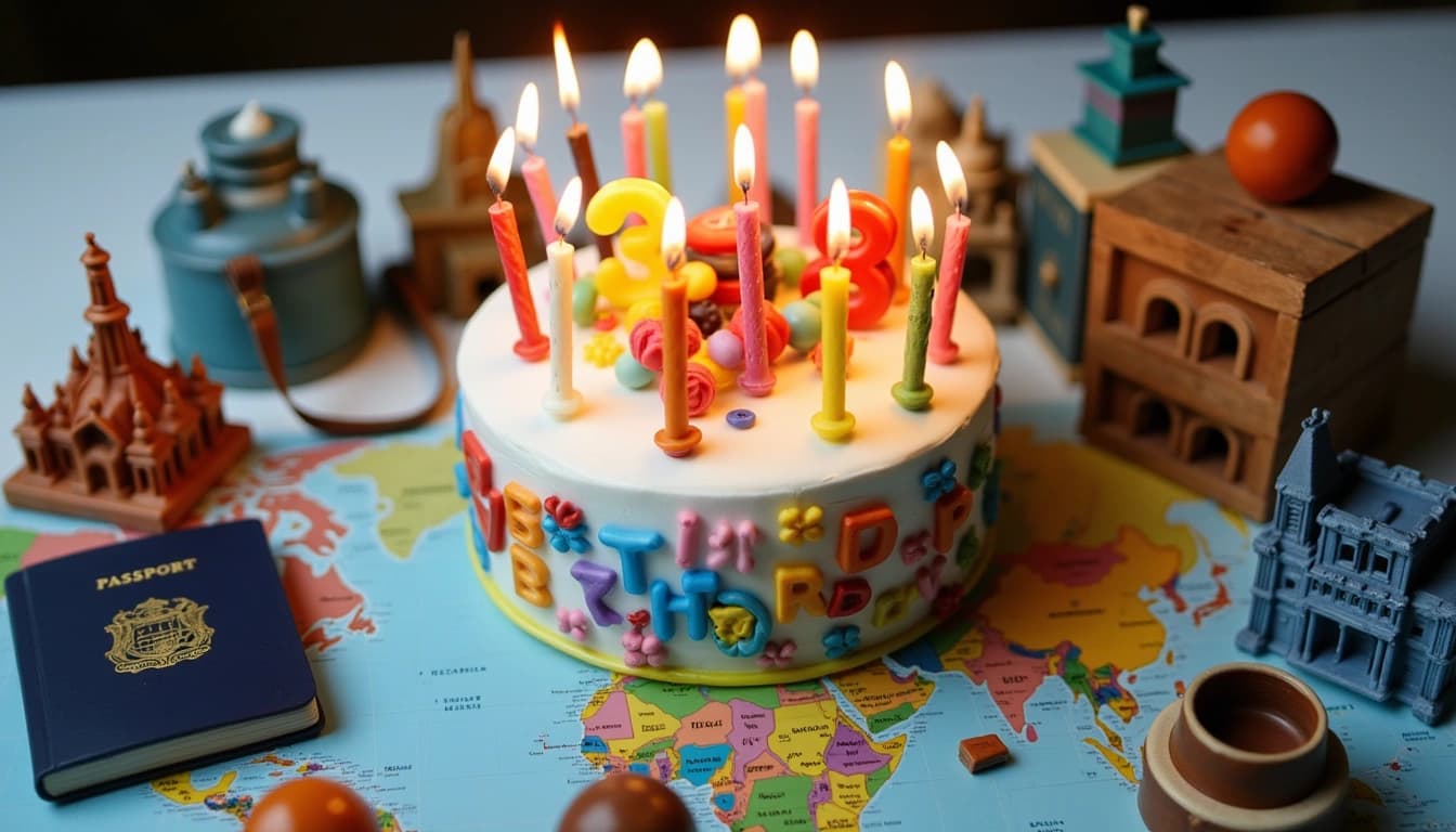 A colorful birthday cake with 38 candles, surrounded by travel memorabilia such as a passport, camera, and miniature landmarks from around the world.