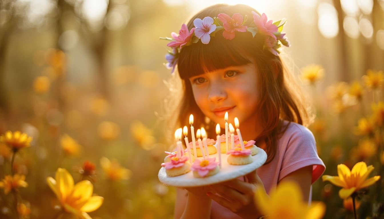 Una joven sonriente sosteniendo un pastel de cumpleaños con velas encendidas, rodeada de flores primaverales y mariposas volando a su alrededor, simbolizando la juventud y los sueños.