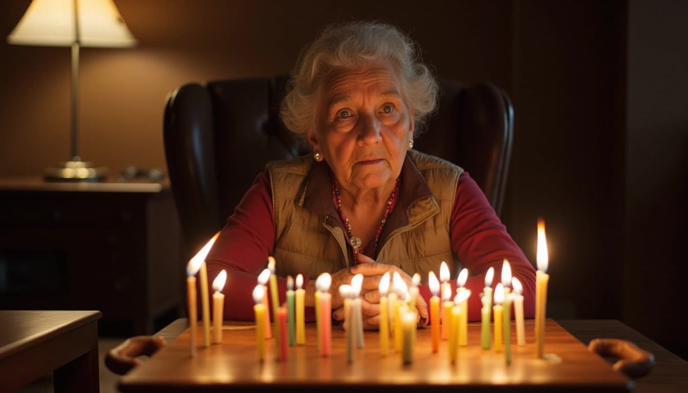 Una anciana sonriente de 92 años, Doña Carmen, sentada en un sillón rodeada de su familia, con un pastel de cumpleaños con velas encendidas frente a ella.