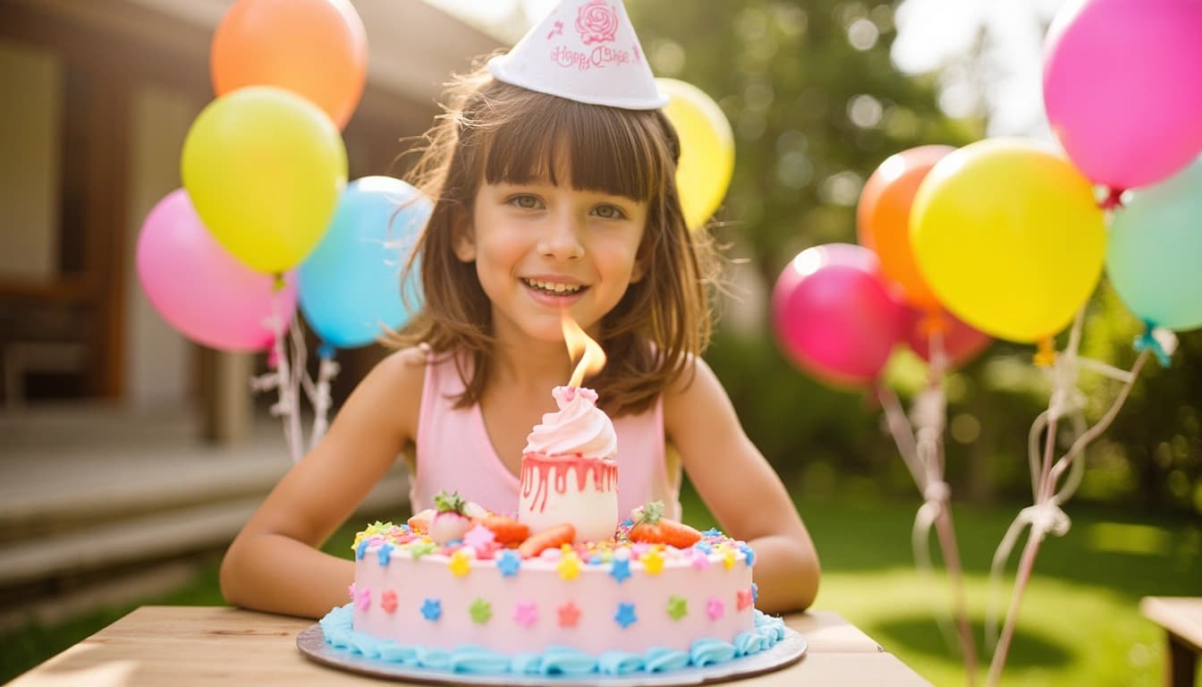 Une jeune femme souriante soufflant les bougies d'un gâteau d'anniversaire, entourée d'amis et de ballons colorés dans un jardin ensoleillé