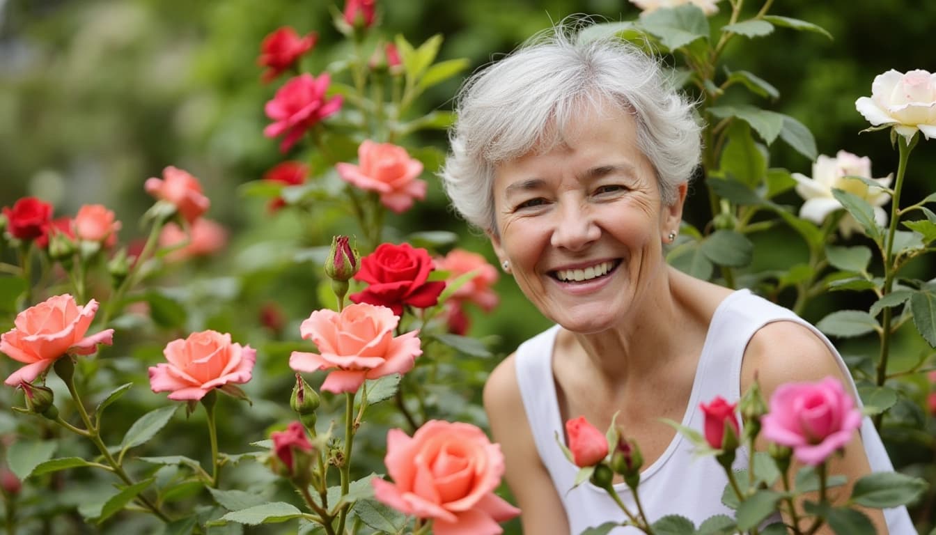 Une femme âgée souriante dans un jardin luxuriant, entourée de roses colorées et de marguerites en fleur