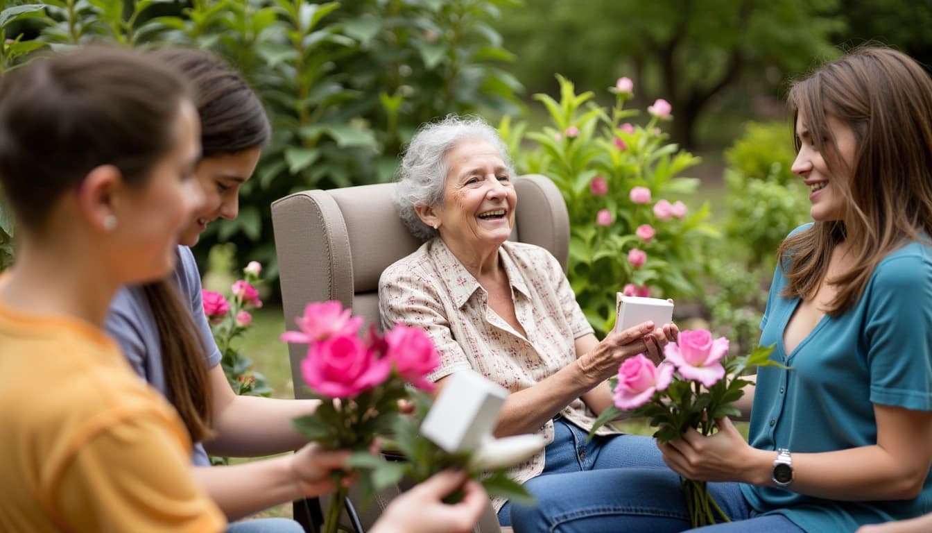 Une élégante dame âgée souriante, assise dans un fauteuil confortable dans un jardin fleuri, entourée de ses proches qui lui offrent des cadeaux et des fleurs.