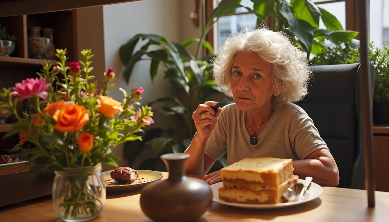 Een glimlachende oudere dame met grijze haren, zittend in een comfortabele stoel, omringd door bloemen en verjaardagskaarten, met een grote verjaardagstaart met 96 kaarsjes op een tafeltje naast haar.