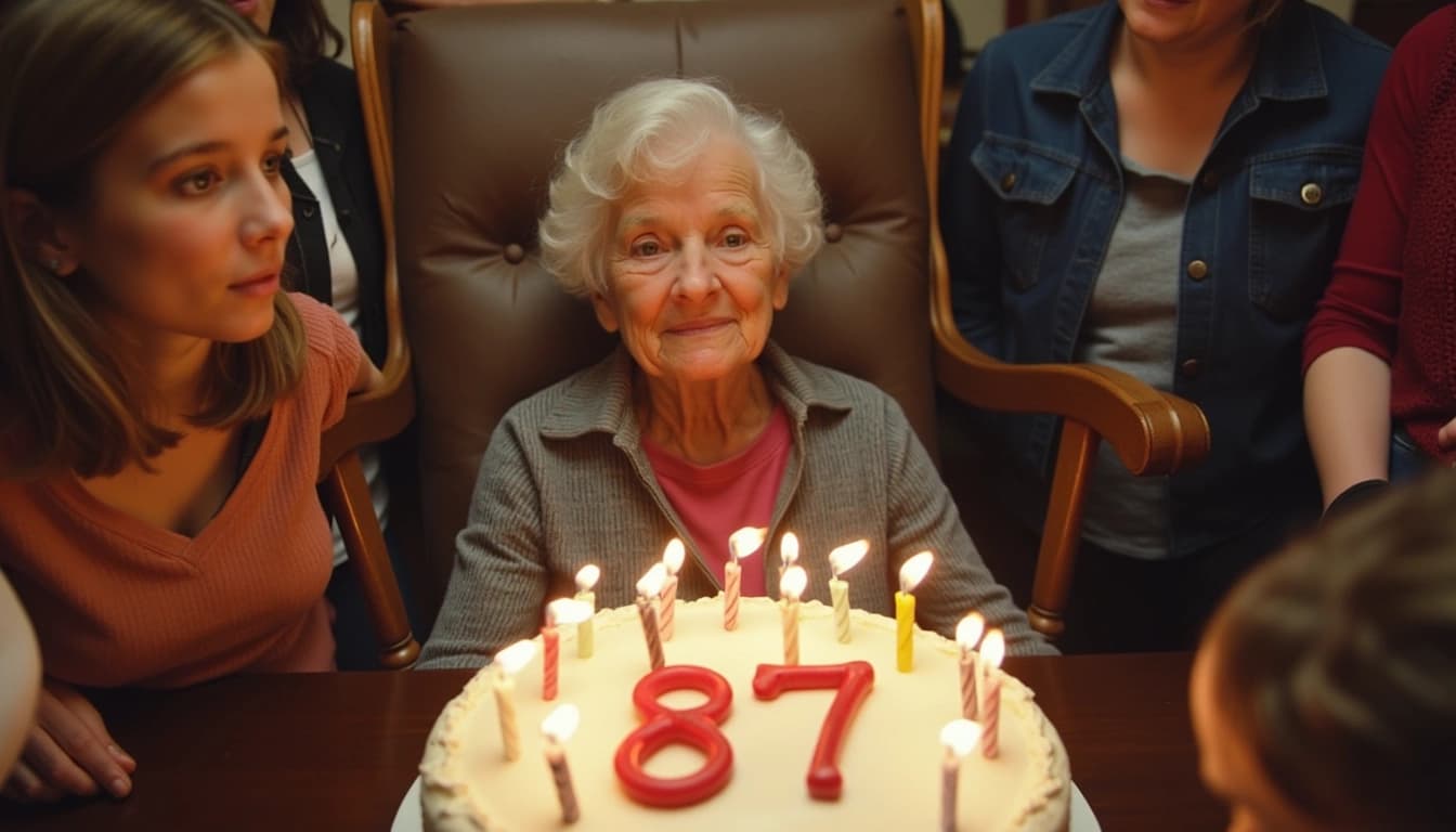 An elderly woman with twinkling eyes, sitting in a rocking chair surrounded by family members, with a large birthday cake adorned with 87 candles in the foreground.