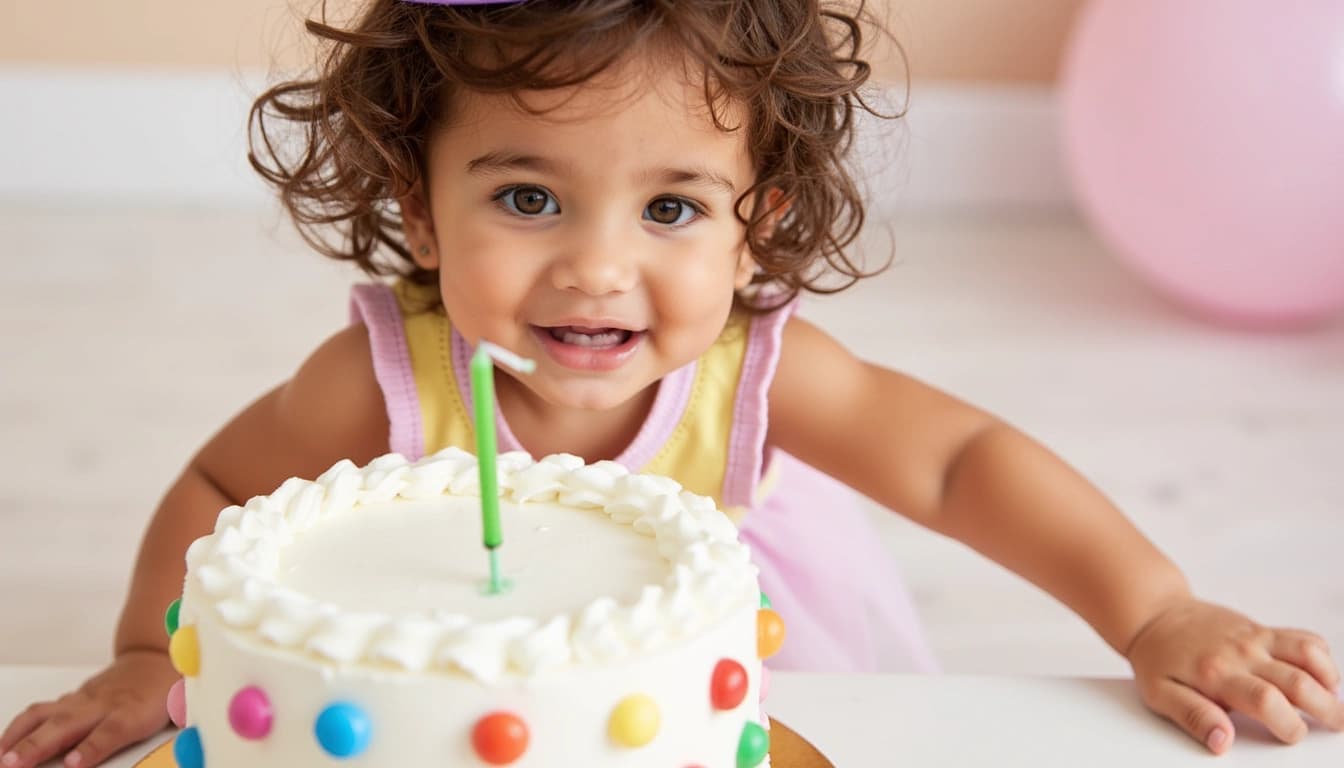 A smiling baby girl with curly hair and rosy cheeks, wearing a party hat and reaching for a colorful birthday cake with one candle