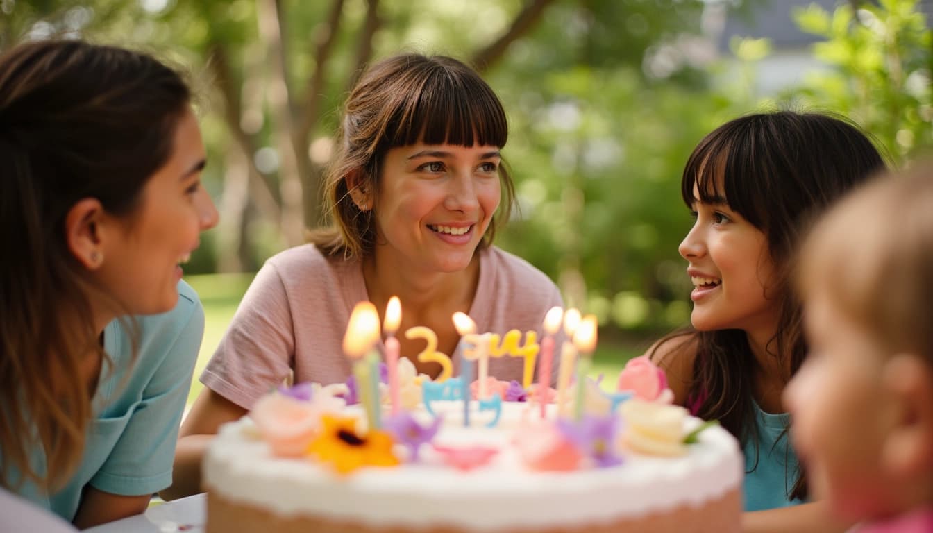 Une femme souriante d'âge mûr soufflant les bougies d'un gâteau d'anniversaire, entourée d'amis et de famille dans un jardin ensoleillé.