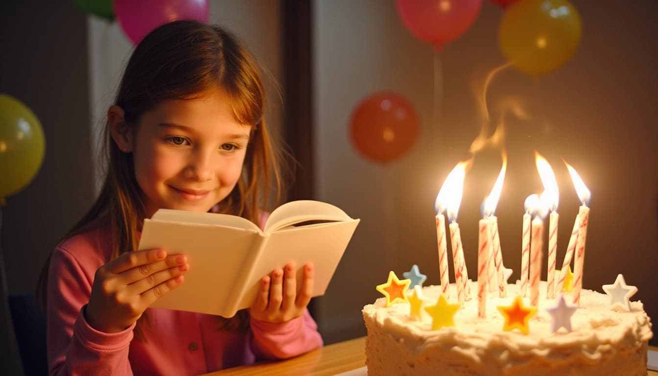 Ein lächelndes Mädchen mit langen braunen Haaren, das ein aufgeschlagenes Buch hält, umgeben von schwebenden Sternen und bunten Luftballons, während im Hintergrund eine Geburtstagstorte mit zwölf brennenden Kerzen zu sehen ist.