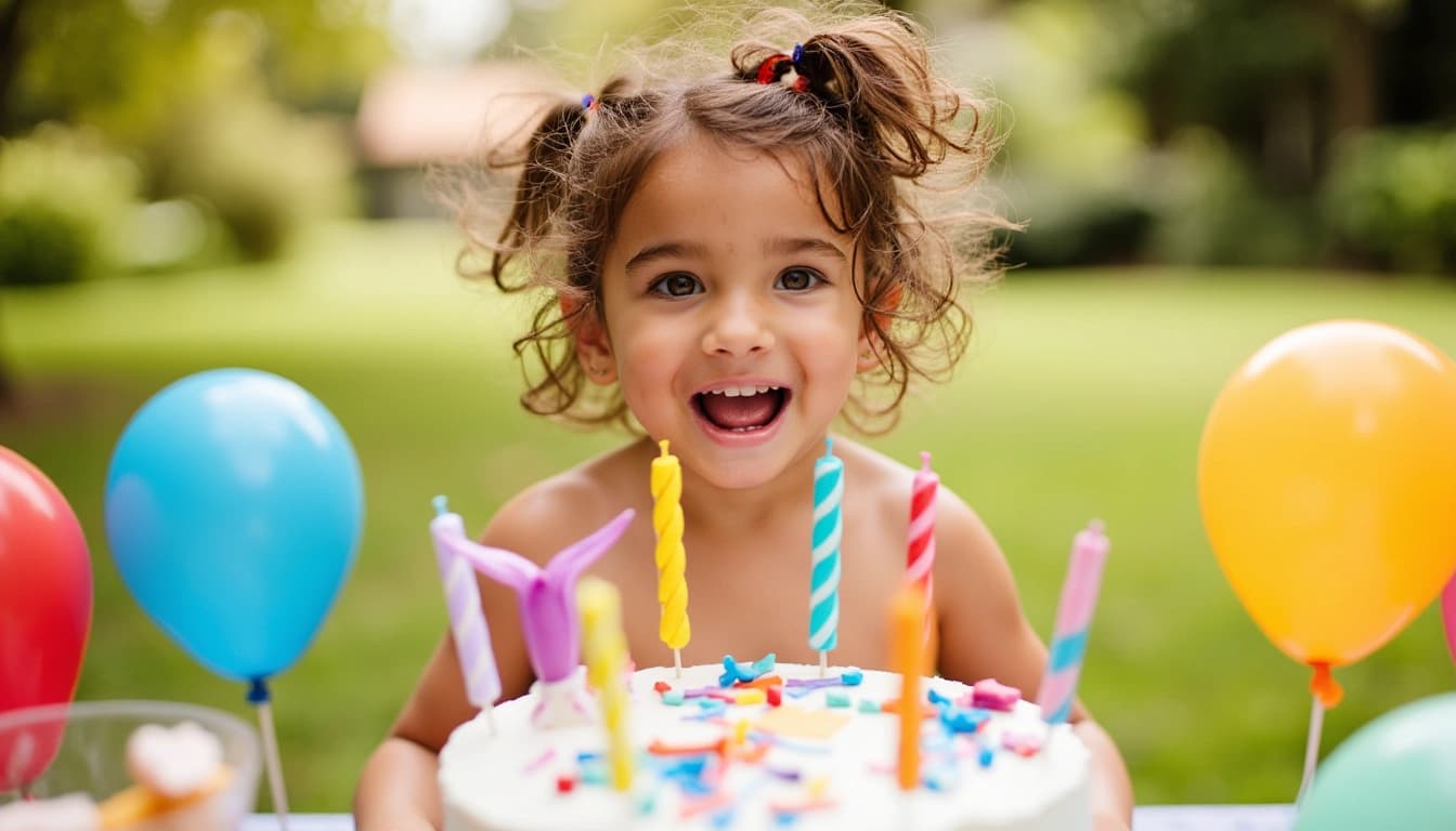 Une petite fille souriante aux cheveux bouclés, soufflant cinq bougies sur un gâteau d'anniversaire coloré, entourée de ballons et de confettis dans un jardin ensoleillé.