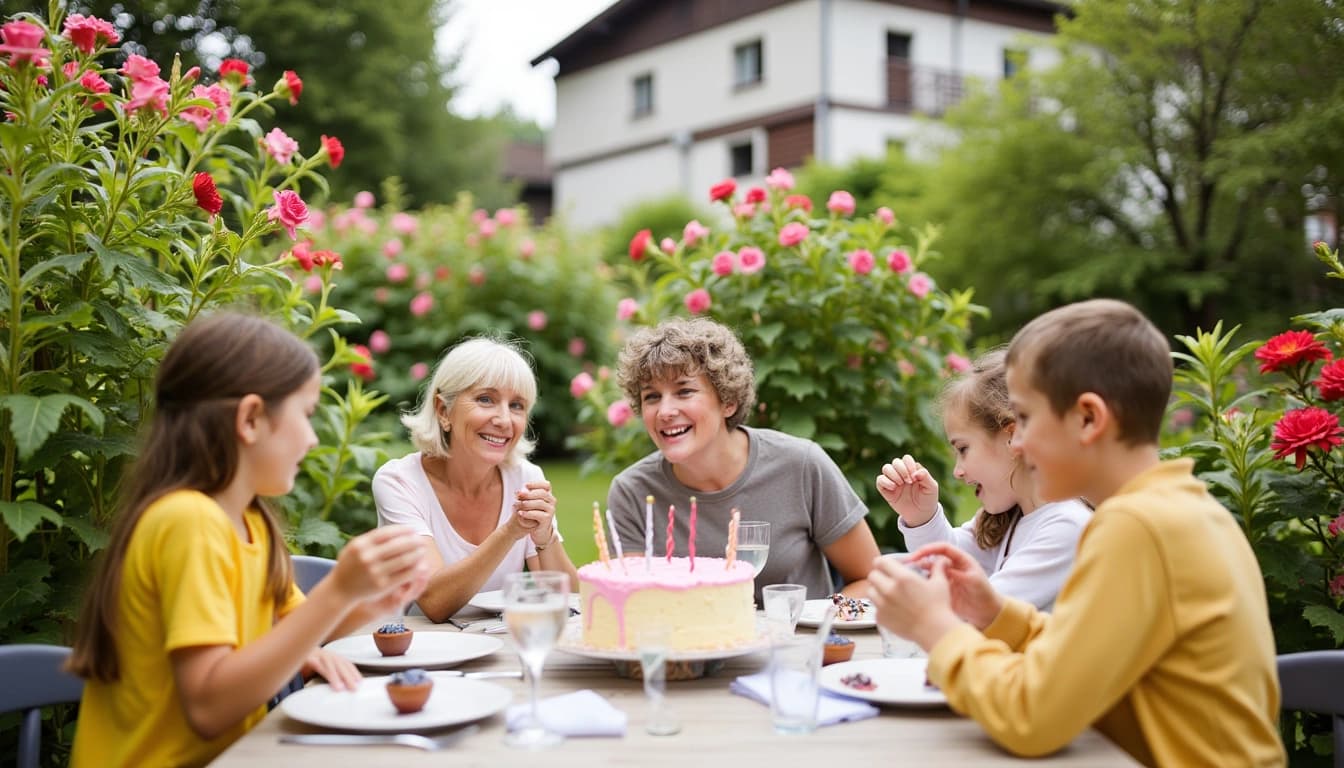 Eine lächelnde ältere Dame sitzt in einem blühenden Garten an einem Tisch mit einem großen Geburtstagskuchen, umgeben von ihrer Familie. Im Hintergrund sieht man ein gemütliches Haus und spielende Kinder zwischen bunten Blumenbeeten.