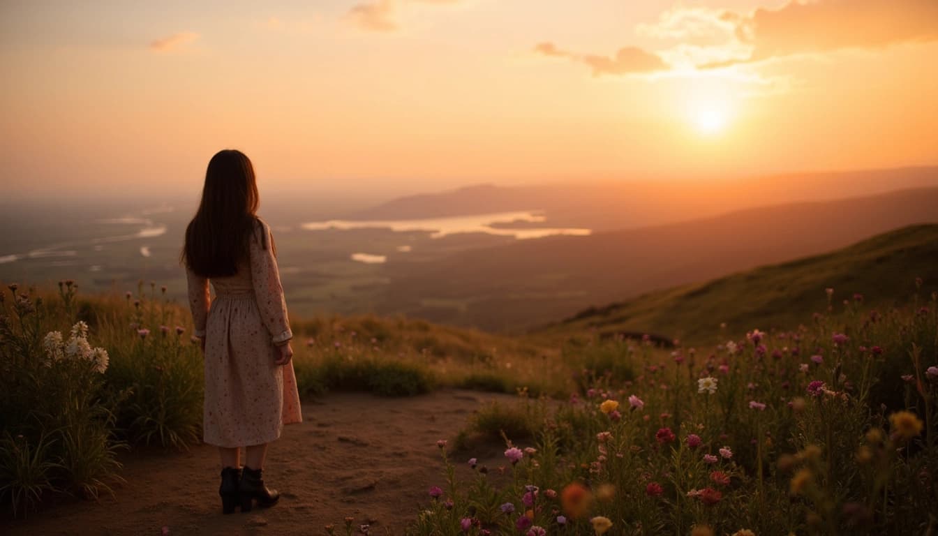 Een lachende jonge vrouw met een rugzak, staand op een bergtop met een prachtig uitzicht op een zonsondergang, omringd door vliegende vlinders en bloemen