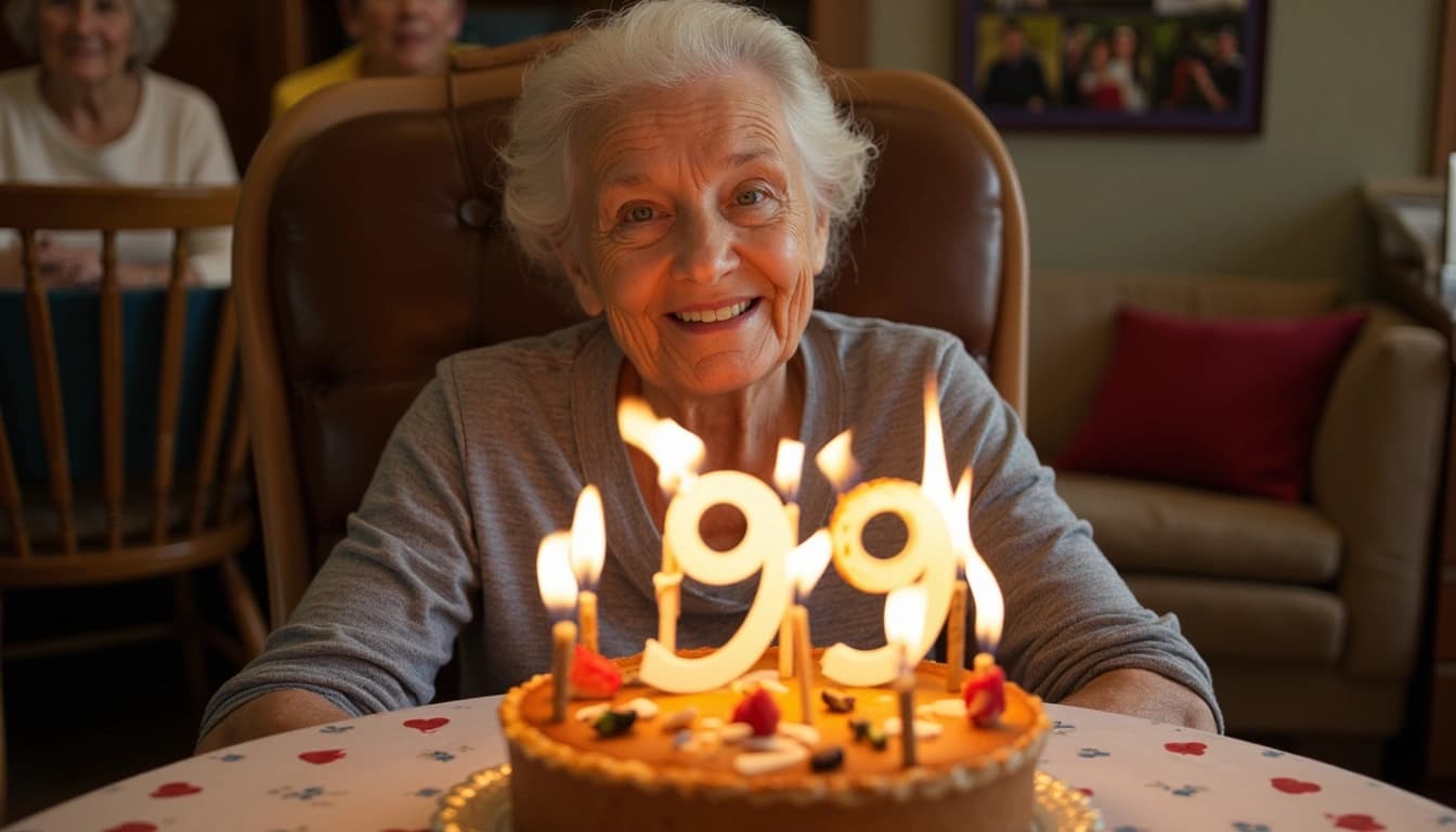 Eine lächelnde, 99-jährige Frau sitzt in einem gemütlichen Sessel, umgeben von ihrer Familie. Vor ihr steht ein Geburtstagskuchen mit 99 brennenden Kerzen. An den Wänden hängen Fotos aus verschiedenen Epochen ihres Lebens.