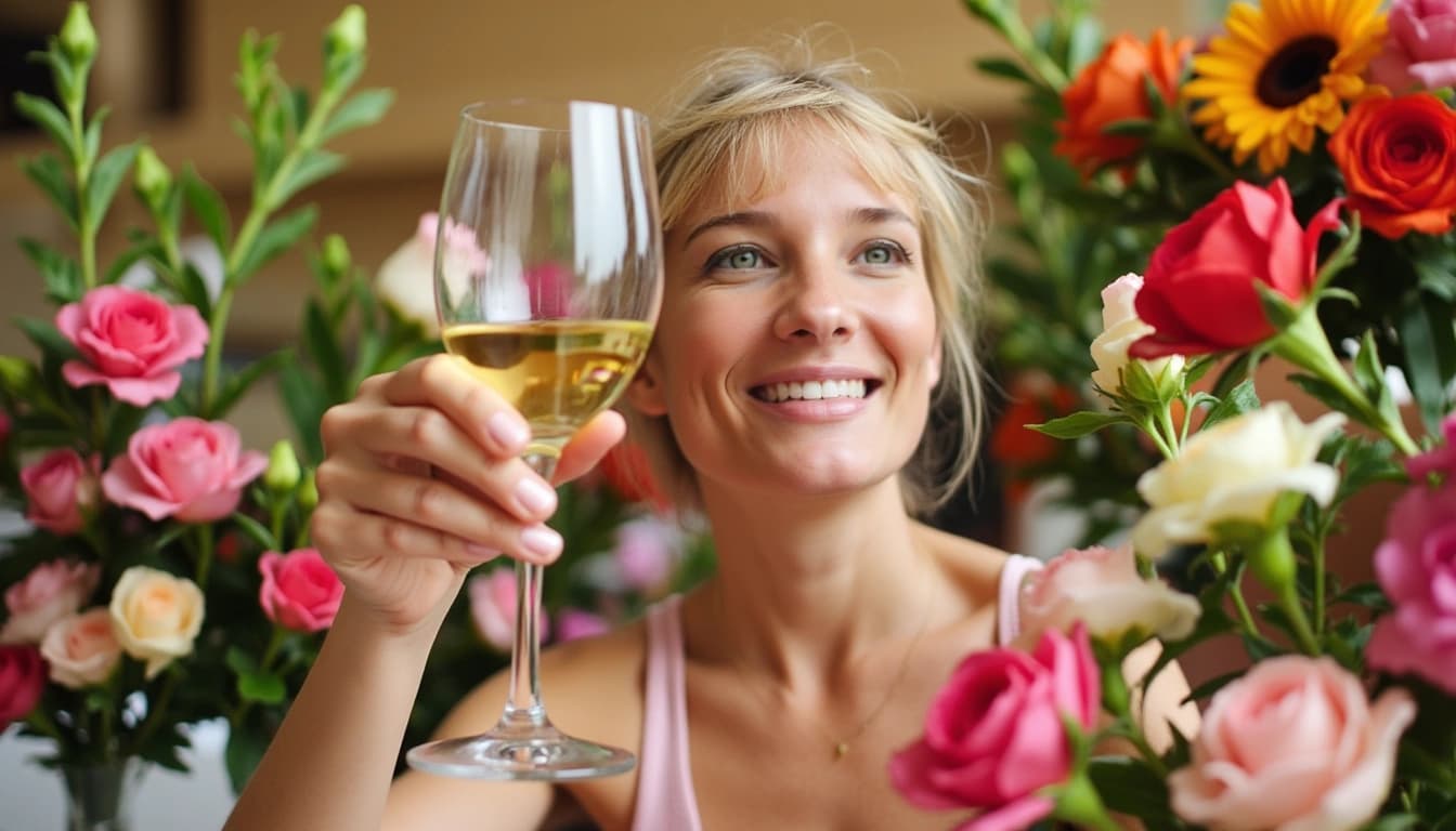 Une femme souriante d'âge mûr, entourée de fleurs colorées et de bougies d'anniversaire, levant un verre de vin pour porter un toast