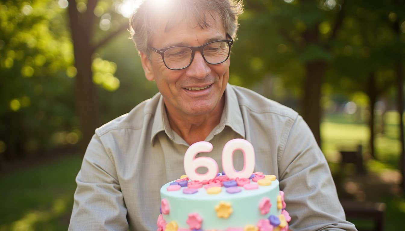 Un uomo sorridente di 60 anni che soffia le candeline su una torta di compleanno, circondato da famiglia e amici in un giardino fiorito