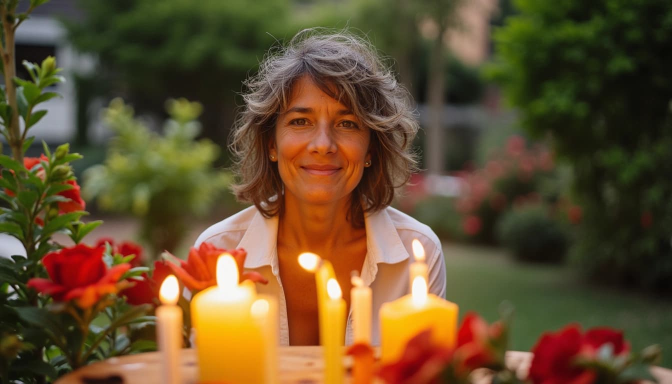 Una mujer sonriente de 56 años rodeada de su familia en un jardín florido, con un pastel de cumpleaños y velas encendidas frente a ella.